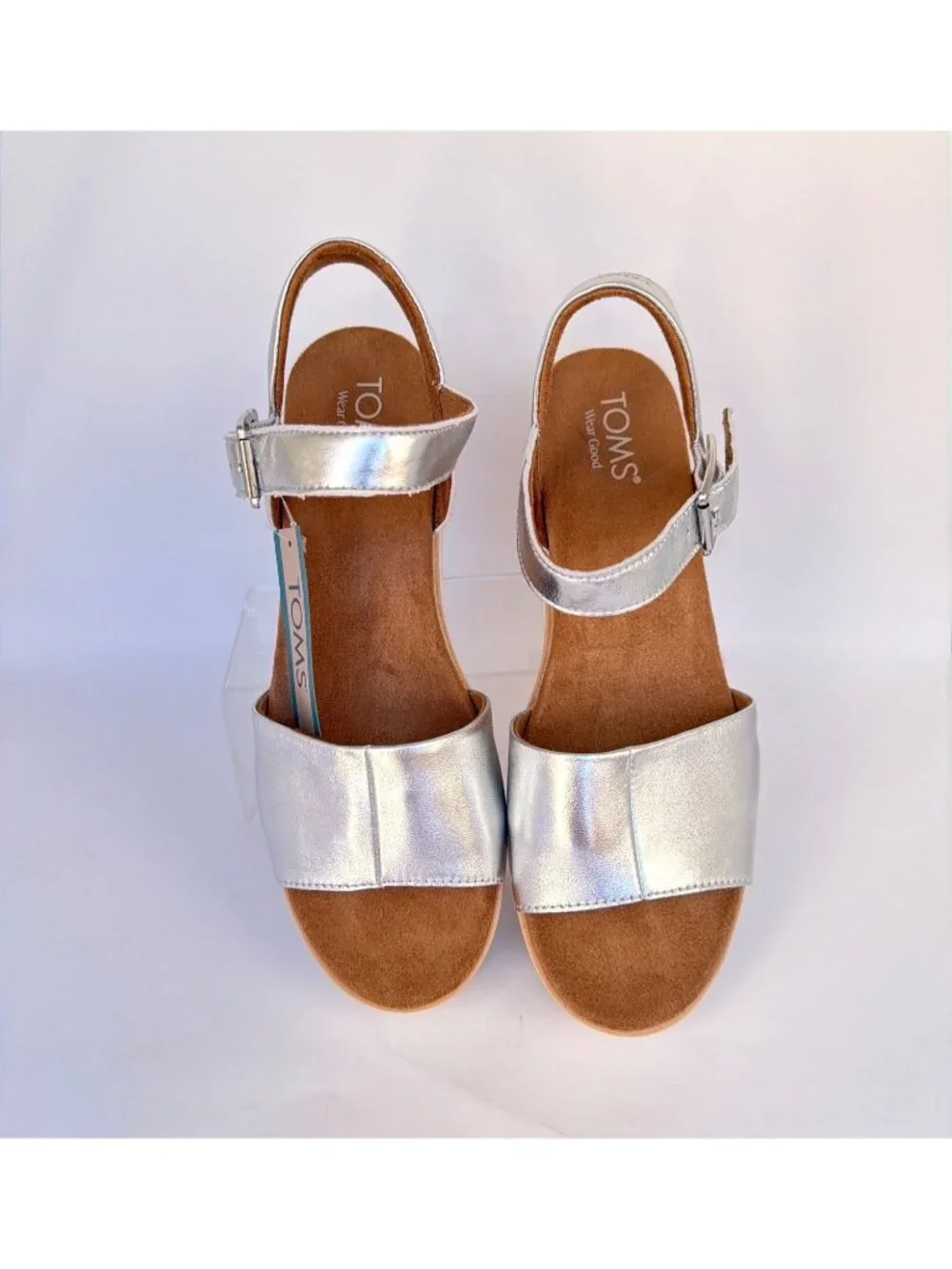 TOMS Diana Platform Wedge Sandals Silver Metallic Nappa Leather Women Size 9.5